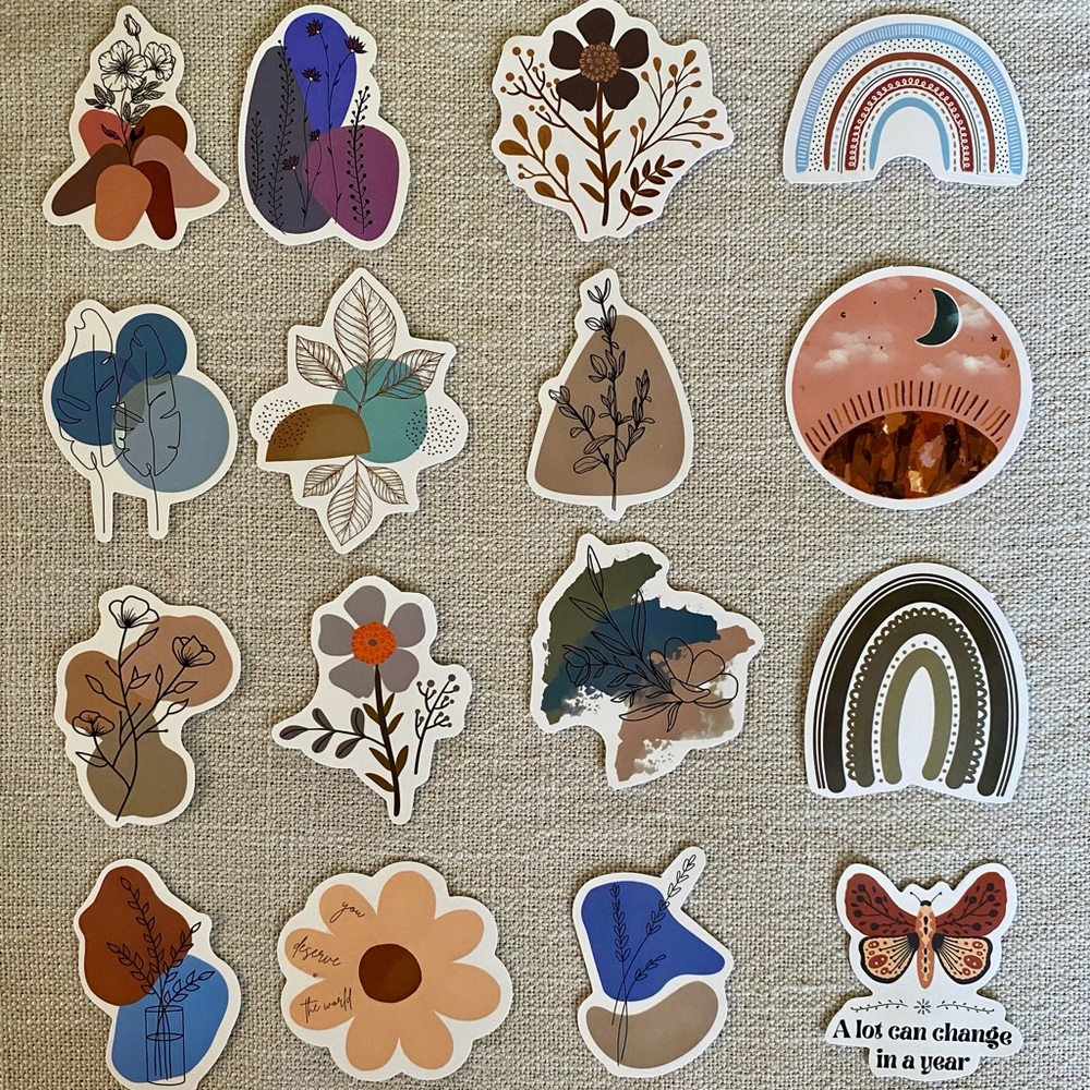 Assorted Boho Floral and Rainbow Sticker Pack of 16 - Neutral & Blue